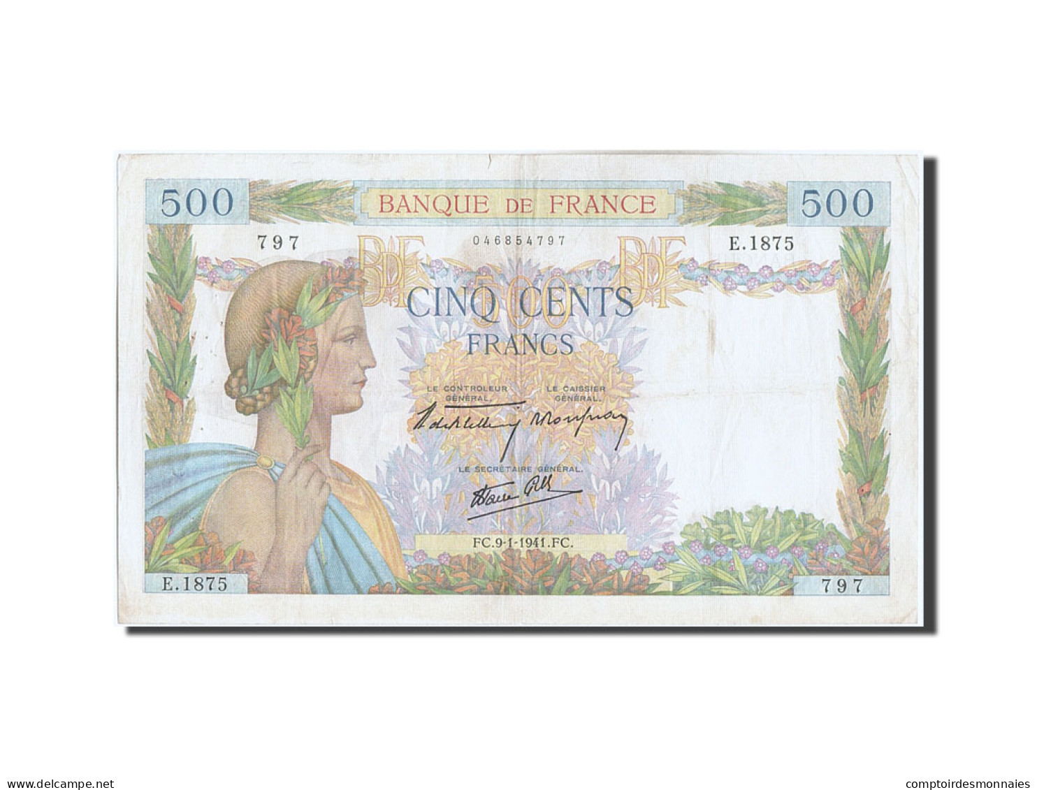 Billet, France, 500 Francs, 500 F 1940-1944 ''La Paix'', 1941, 1941-01-09, TB+ - 500 F 1940-1944 ''La Paix''