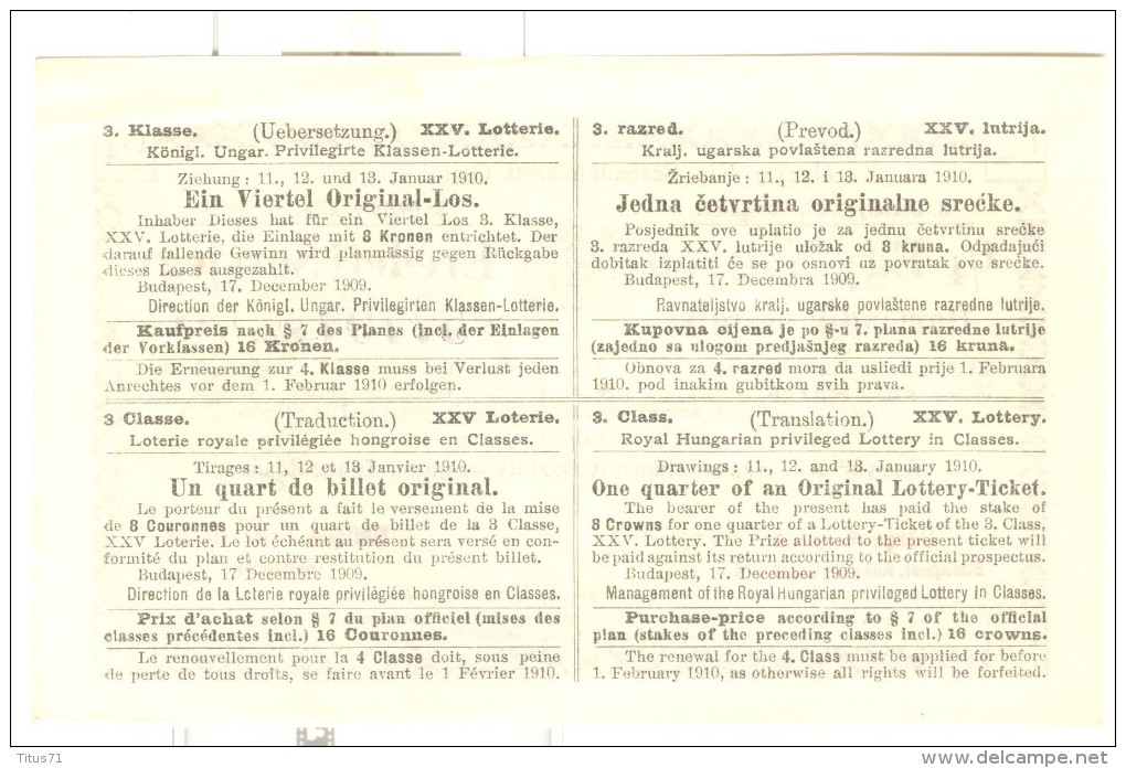 Billet Loterie Royale De Hongrie - Janvier 1910 - Biglietti Della Lotteria