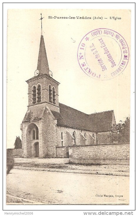 Aube - 10 - St Saint Parres Les Vaudes L'église Cachet Militaire  Service Gvc Section Des Eaux Marcophilie - Other & Unclassified