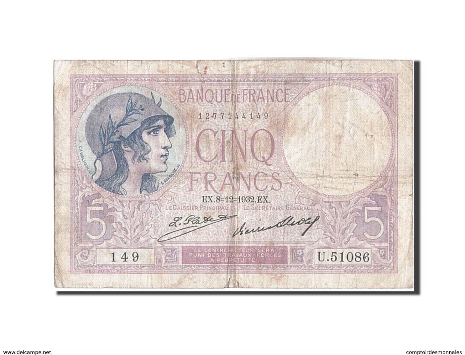 Billet, France, 5 Francs, 5 F 1917-1940 ''Violet'', 1932, 1932-12-08, TB - 5 F 1917-1940 ''Violet''