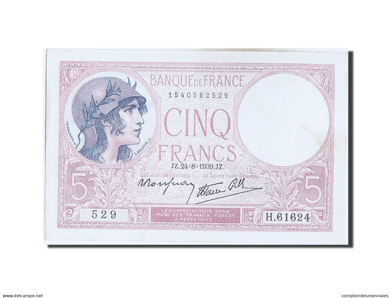 Billet, France, 5 Francs, 5 F 1917-1940 ''Violet'', 1939, SUP+, Fayette:4.7 - 5 F 1917-1940 ''Violet''