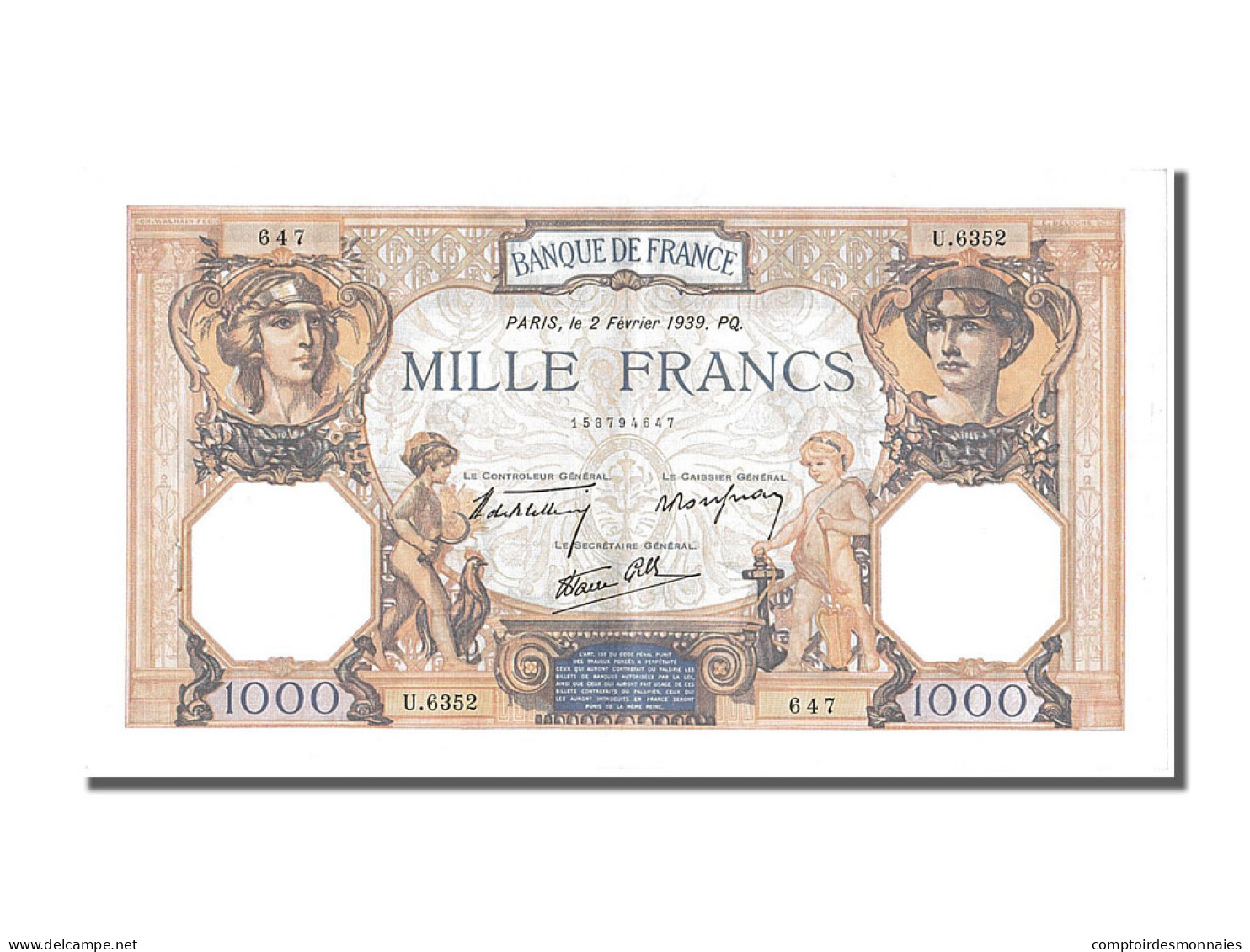 Billet, France, 500 Francs, 1 000 F 1927-1940 ''Cérès Et Mercure'', 1939 - 1 000 F 1927-1940 ''Cérès Et Mercure''