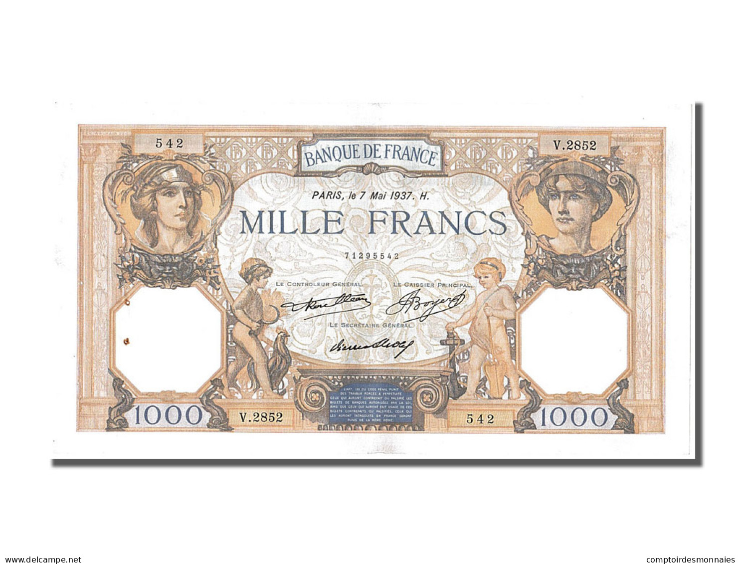 Billet, France, 1000 Francs, 1 000 F 1927-1940 ''Cérès Et Mercure'', 1937 - 1 000 F 1927-1940 ''Cérès Et Mercure''