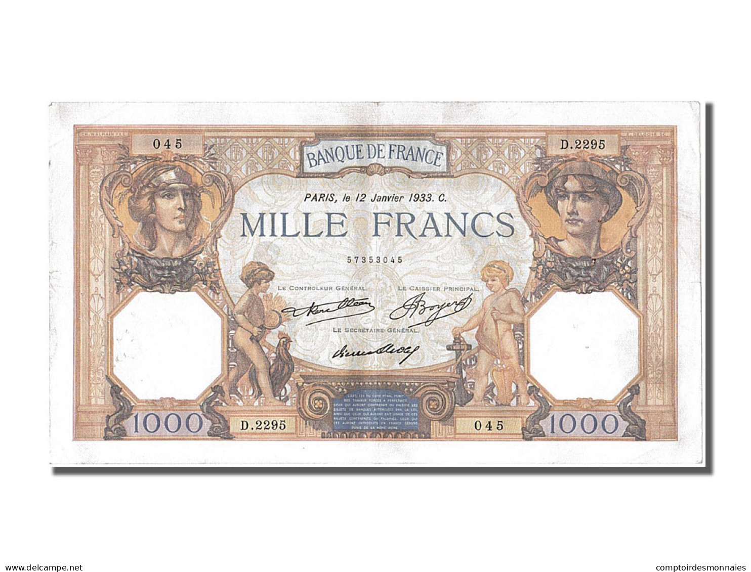 Billet, France, 1000 Francs, 1 000 F 1927-1940 ''Cérès Et Mercure'', 1933 - 1 000 F 1927-1940 ''Cérès Et Mercure''