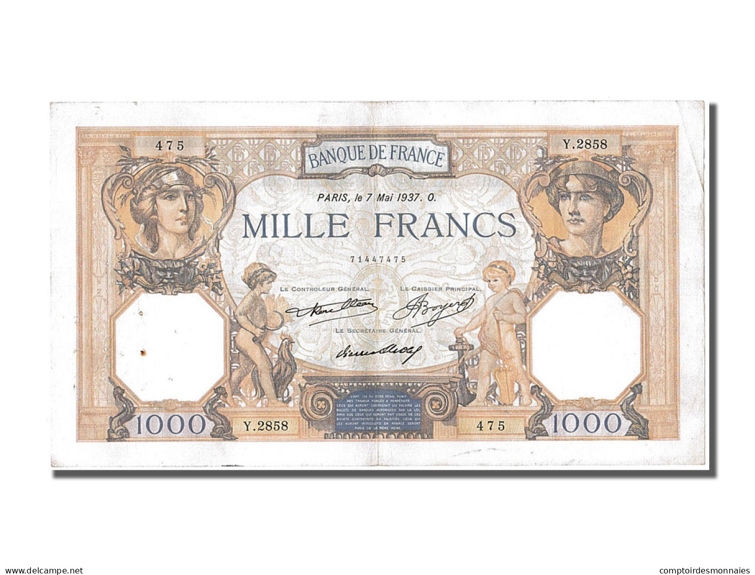 Billet, France, 1000 Francs, 1 000 F 1927-1940 ''Cérès Et Mercure'', 1937 - 1 000 F 1927-1940 ''Cérès Et Mercure''