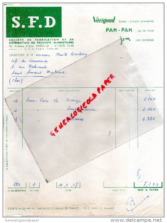75 - PARIS - FACTURE VERIGOUD - PAM-PAM- JUS DE FRUITS- JEM- 30 AV. KLEBER- 1957 - 1950 - ...