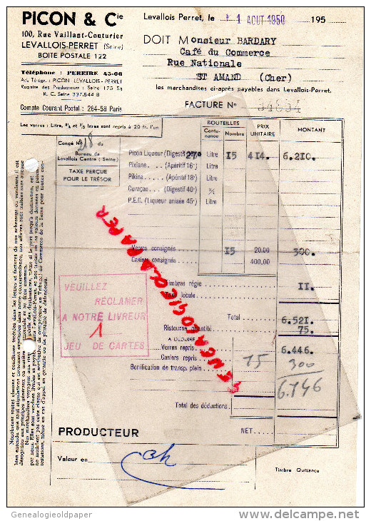 92 - LEVALLOIS PERRET - FACTURE PICON LIQUEUR- CURACAO- 100 RUE VAILLANT COUTURIER -1950 - 1950 - ...