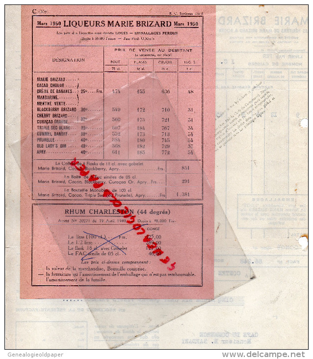 33 - BORDEAUX - FACTURE MARIE BRIZARD-  RHUM CHARLESTON- 1950 - 1950 - ...