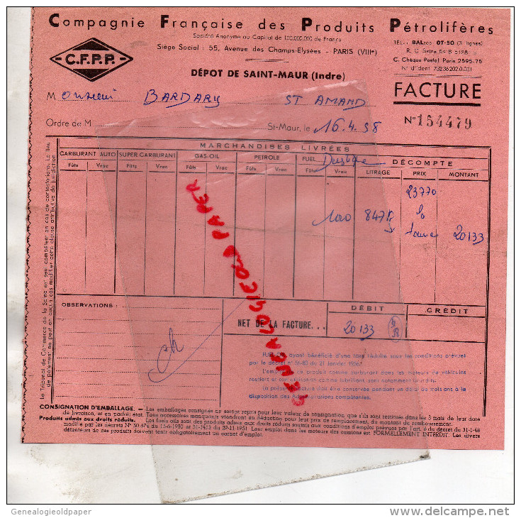 36 - ST SAINT MAUR - FACTURE COMPAGNIE FRANCAISE DES PRODUITS PETROLIFERES-PETROLE- ESSENCE- 1958 - 1950 - ...