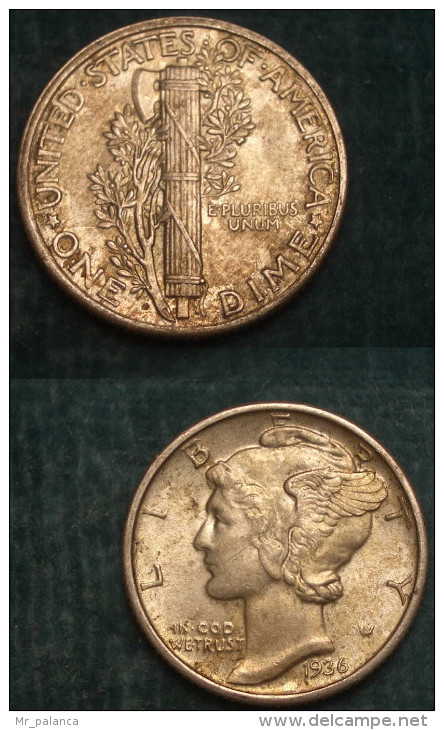 M_p> Stati Uniti One Dime ( Un Decimo ) 1936 In Argento 900/ooo - 1916-1945: Mercury (kwik)