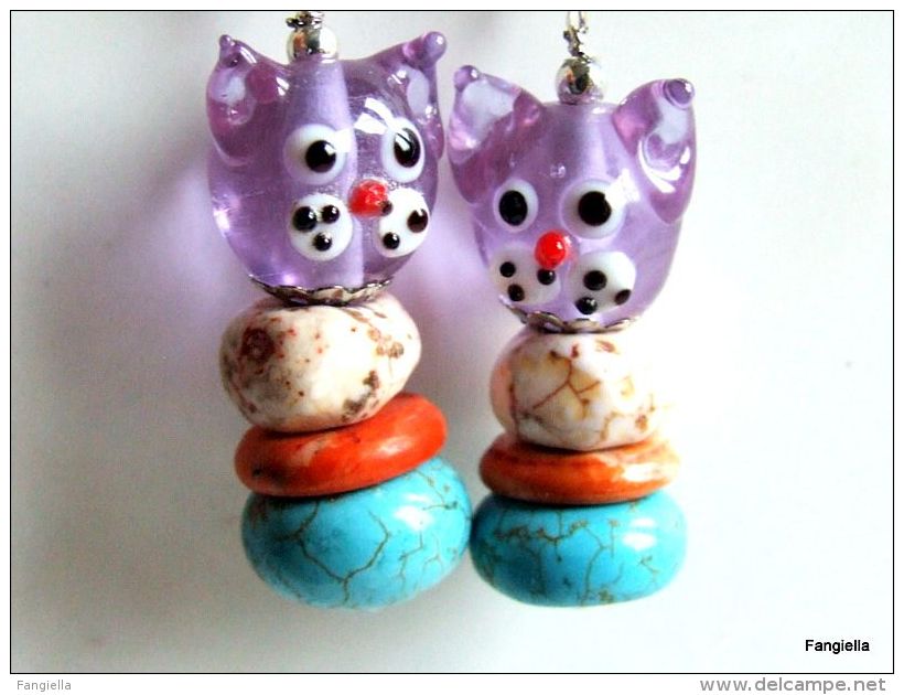 Boucles D´oreilles Chat Violet Turquoise Orange Verre Artisanal Et Howlite Pierre Semi-précieuse   Adorables Têtes De Ch - Earrings