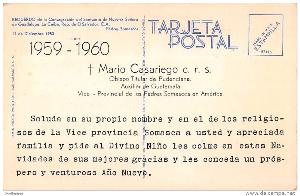 03018 "SAN SALVADOR C.A. - SANTUARIO DE N. SRA DE GUADALUPE" MARIO CASARIEGO 1959-1960. CART. NON SPED. - El Salvador