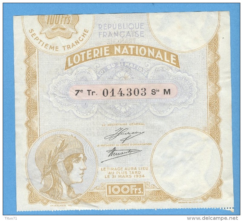 Billet De Loterie Nationale - Mars 1934 - Billets De Loterie