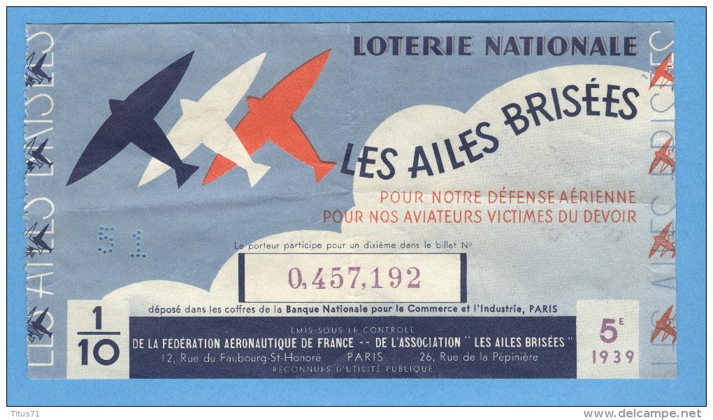 Billet De Loterie Nationale - Les Ailes Brisées - 5ème Tranche 1939 - Billets De Loterie