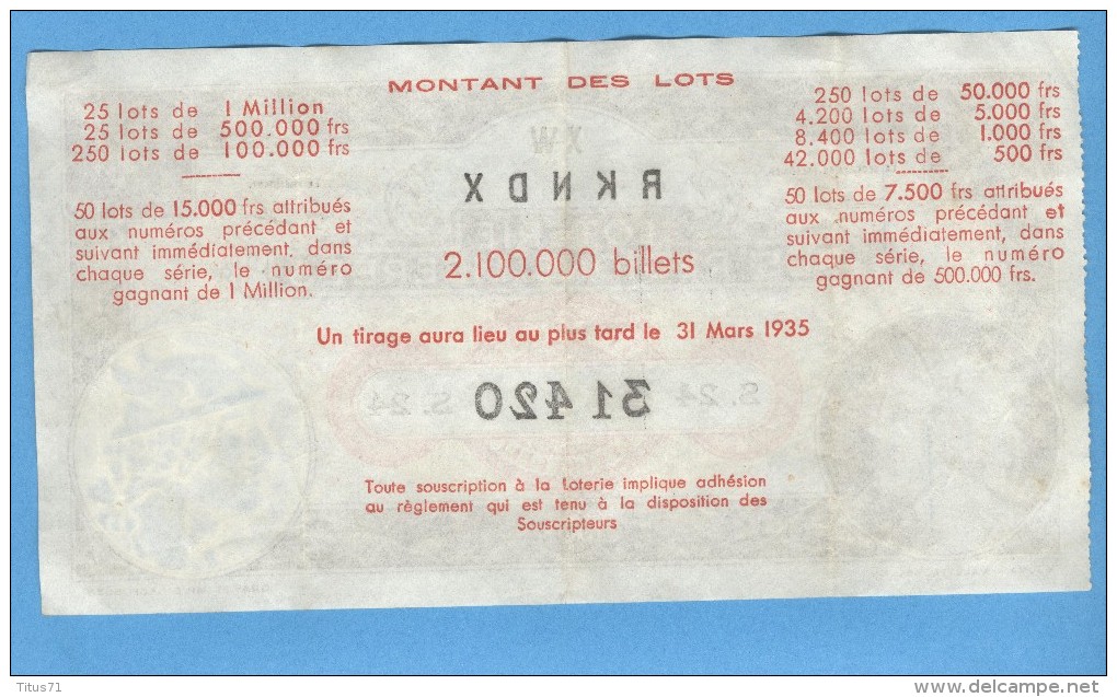 Billet De Loterie Des Régions Libérées - Mars 1935 - Billets De Loterie