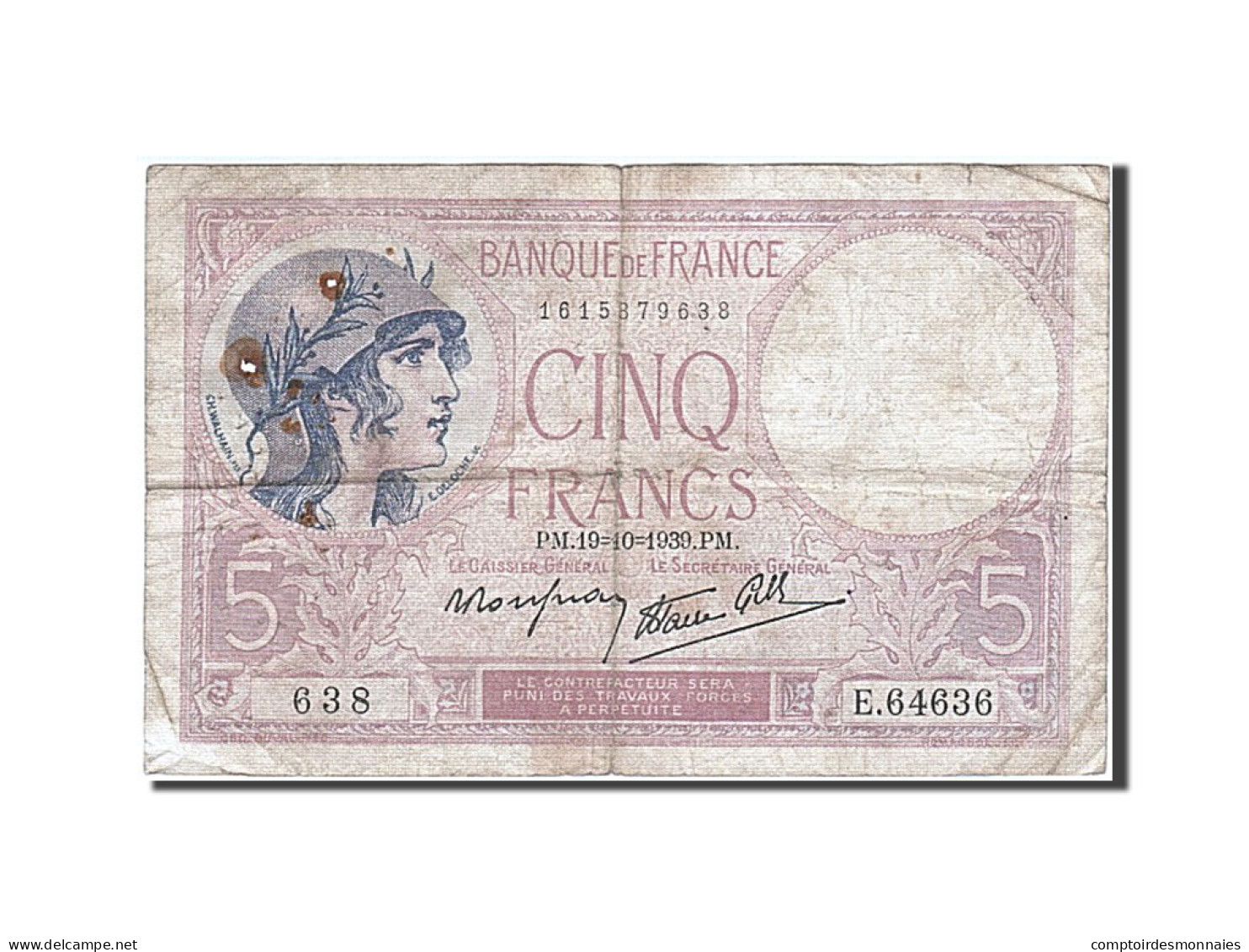Billet, France, 5 Francs, 5 F 1917-1940 ''Violet'', 1939, 1939-10-19, B - 5 F 1917-1940 ''Violet''