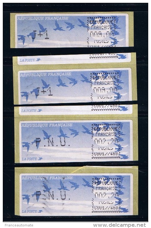 4 ATMS, PNU 2.20 X 2 Et J + 1 9.00 X 2 Défaut De Massicotage, LSA, CROUZET, AIGUILLES CASSEES, PAPIER  OISEAUX DE JUBERT - 1990 « Oiseaux De Jubert »