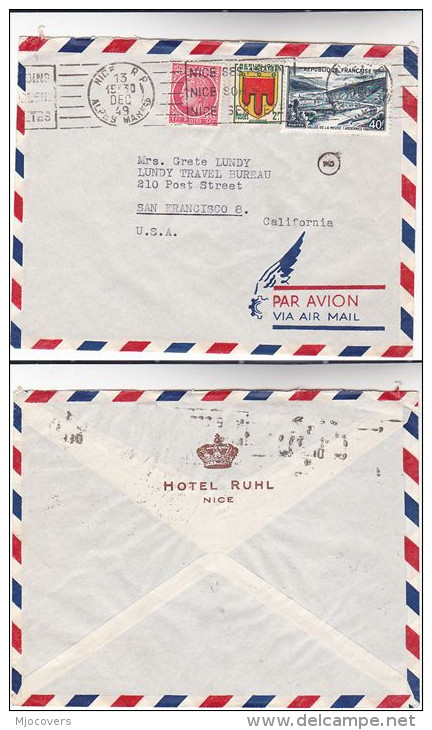 1949 Air Mail FRANCE COVER From HOTEL RUHL Nice To USA  Stamps 40f Musee 2f Arms 1f - Covers & Documents