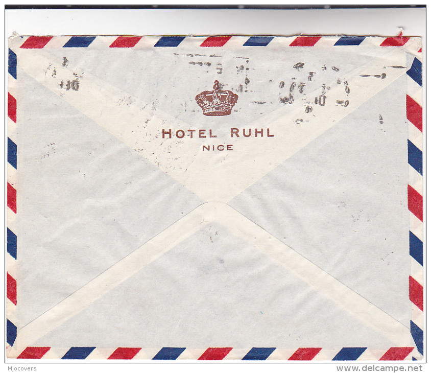 1949 Air Mail FRANCE COVER From HOTEL RUHL Nice To USA  Stamps 40f Musee 2f Arms 1f - Covers & Documents