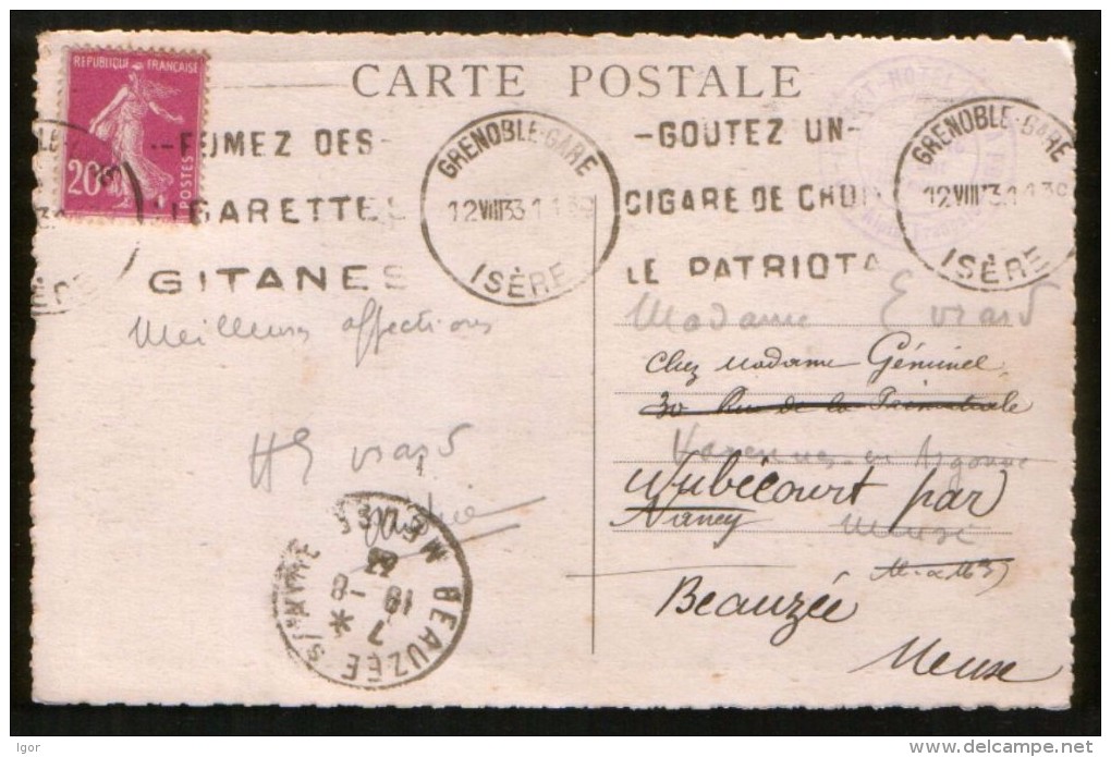 France 1933 Postcard Sommets De Belledonne, Tobacco Advertising Postmark - Tabac