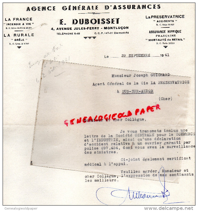 03 - MONTLUCON - E. DUBOISSET- 4 AVENUE JULES FERRY- AGENCE ASSURANCES- LA PRESERVATRICE- LA RURALE-HIPPIQUE-1941 - Banque & Assurance