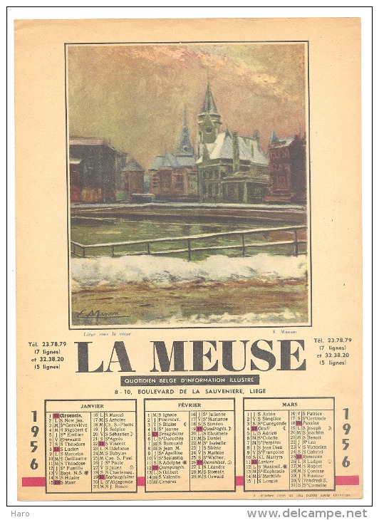 Calendrier Du Journal " La Meuse" De 1956 - LIEGE - 4 Pages (2 Volets) -Très Bon état - Autres & Non Classés