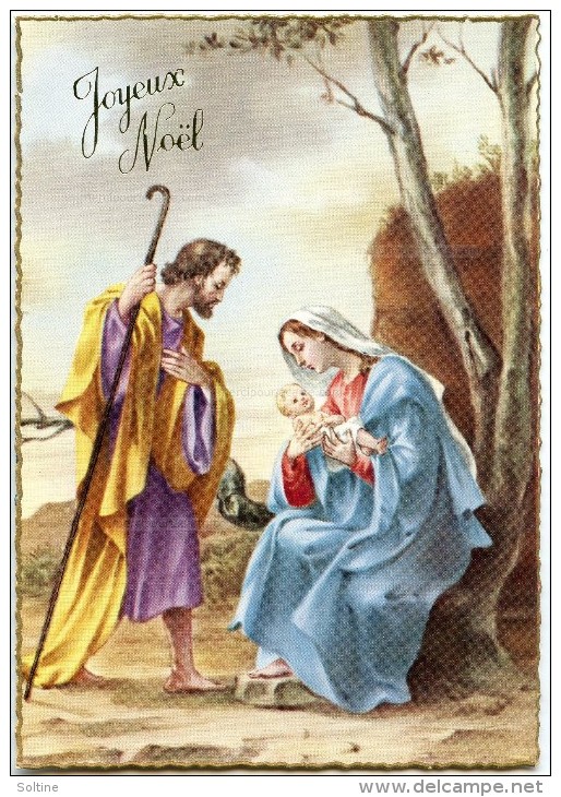 JOYEUX NOEL Bordure Dorée - La Vierge Marie Tient L'enfant Jésus Dans Ses Bras, Joseph Regarde - Non écrite - 2 Scans - Autres & Non Classés