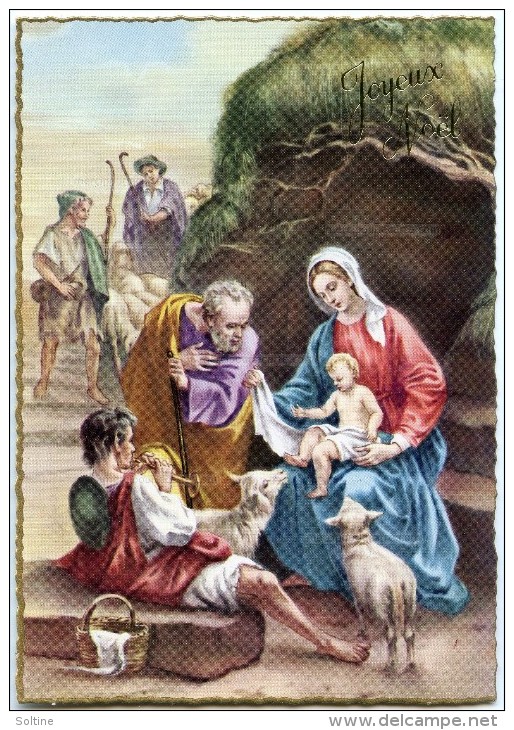 JOYEUX NOEL Bordure Dorée - Bergers Et Moutons En Adoration Devant Jésus, Flûte, Sainte Vierge - Non écrite - 2 Scans - Autres & Non Classés