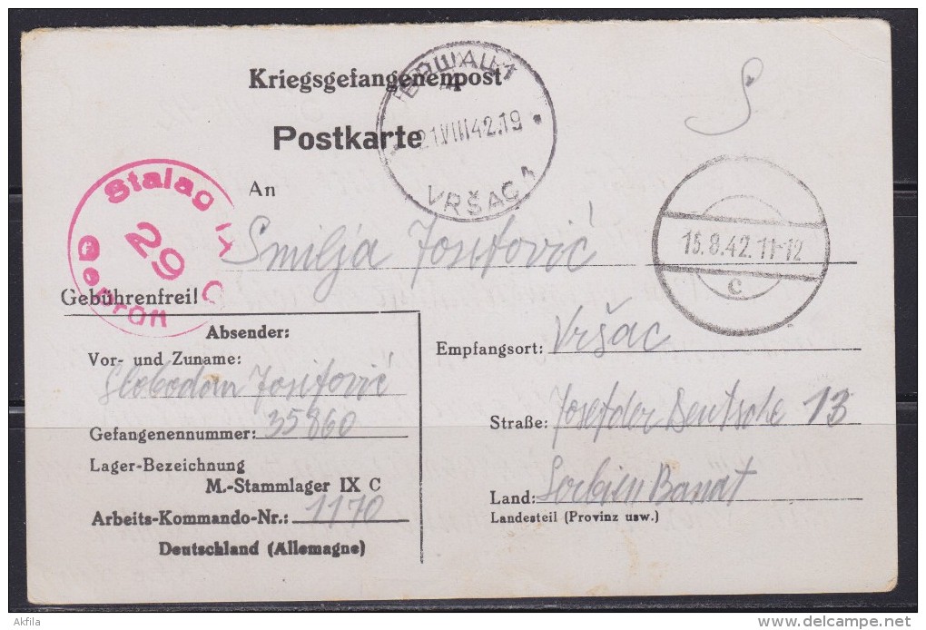 7612. Germany, 1942, POW (Prisoner Of War) Mail, Camp Stammlager IX C, Prisoner Number 35860 - Briefe U. Dokumente