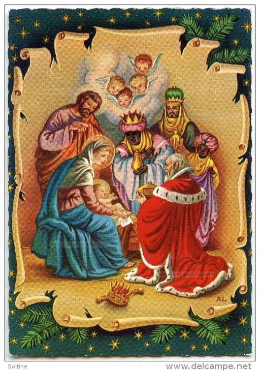 La Nativité  - Les Rois Mages Offrent Des Présents à Jésus - Fond Parchemin, Têtes Ailées, Marie - Non écrite - 2 Scans - Autres & Non Classés