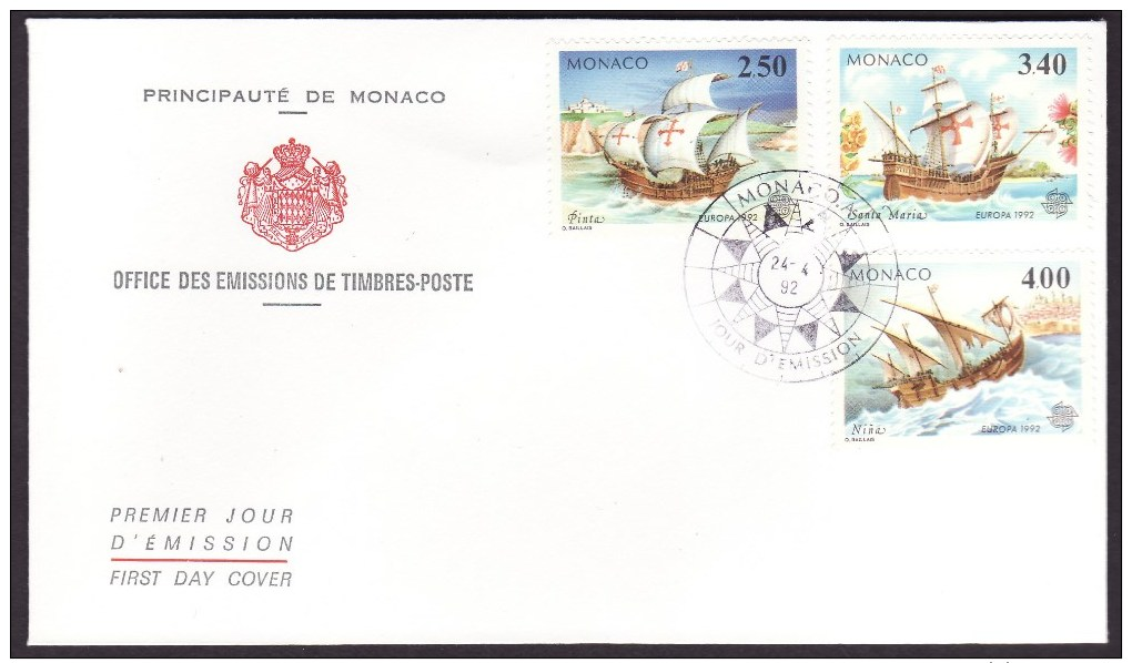 Monaco #1814-16 F-VF First Day Cover - Columbus, Ships - Cristóbal Colón