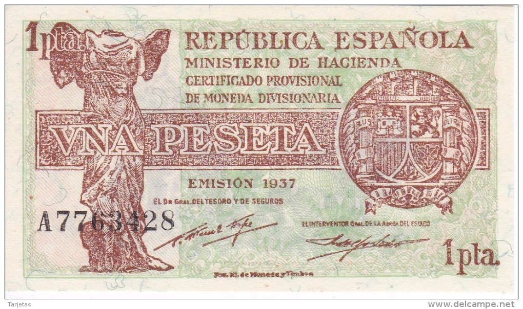 BILLETE DE ESPAÑA DE 1 PTA DEL AÑO 1937  EN CALIDAD EBC+  SERIE A  (BANKNOTE) - 1-2 Pesetas