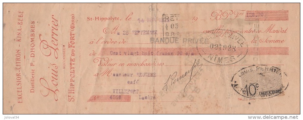 Lettre Change 14/9/1922 PERRIER Excelsior Citron Kina Bébé Distillateur St HIPPOLYTE Du FORT Gard Pour Villefort Lozère - Bills Of Exchange