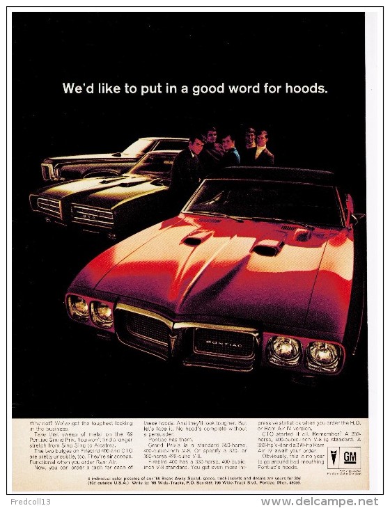 PONTIAC GTO PUBLICITE ISSUE D´UN MAGAZINE 1969 FORMAT 20.5 X 27.5 USA - Pubblicitari