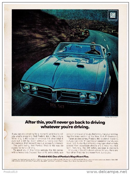 PONTIAC FIREBIRD 400 PUBLICITE ISSUE D´UN MAGAZINE 1967 FORMAT 20 X 28 USA - Publicités