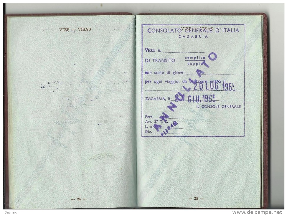 FNR14  --  F. N. R. YUGOSLAVIA  ---  PASSPORT  ---   LADY PHOTO  --  1961  --   FUL OF VISAS   --  12 X  ITALIA