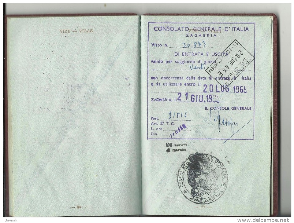 FNR14  --  F. N. R. YUGOSLAVIA  ---  PASSPORT  ---   LADY PHOTO  --  1961  --   FUL OF VISAS   --  12 X  ITALIA