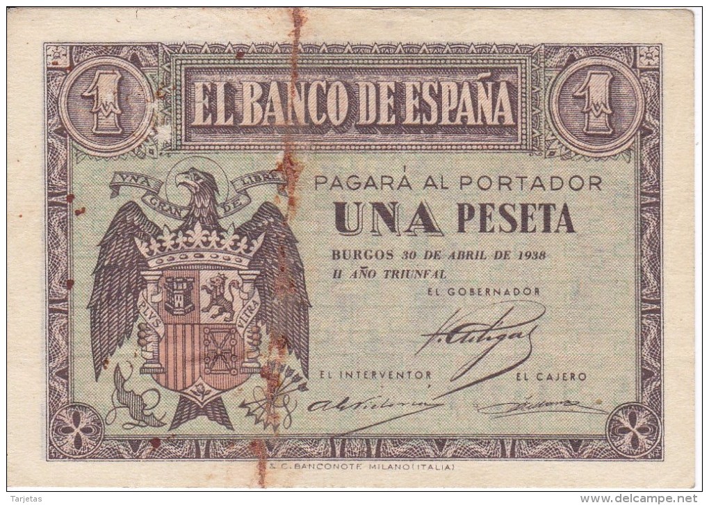 BILLETE DE 1 PTA DEL 30 ABRIL 1938 SERIE A CALIDAD BC  (BANKNOTE) - 1-2 Pesetas