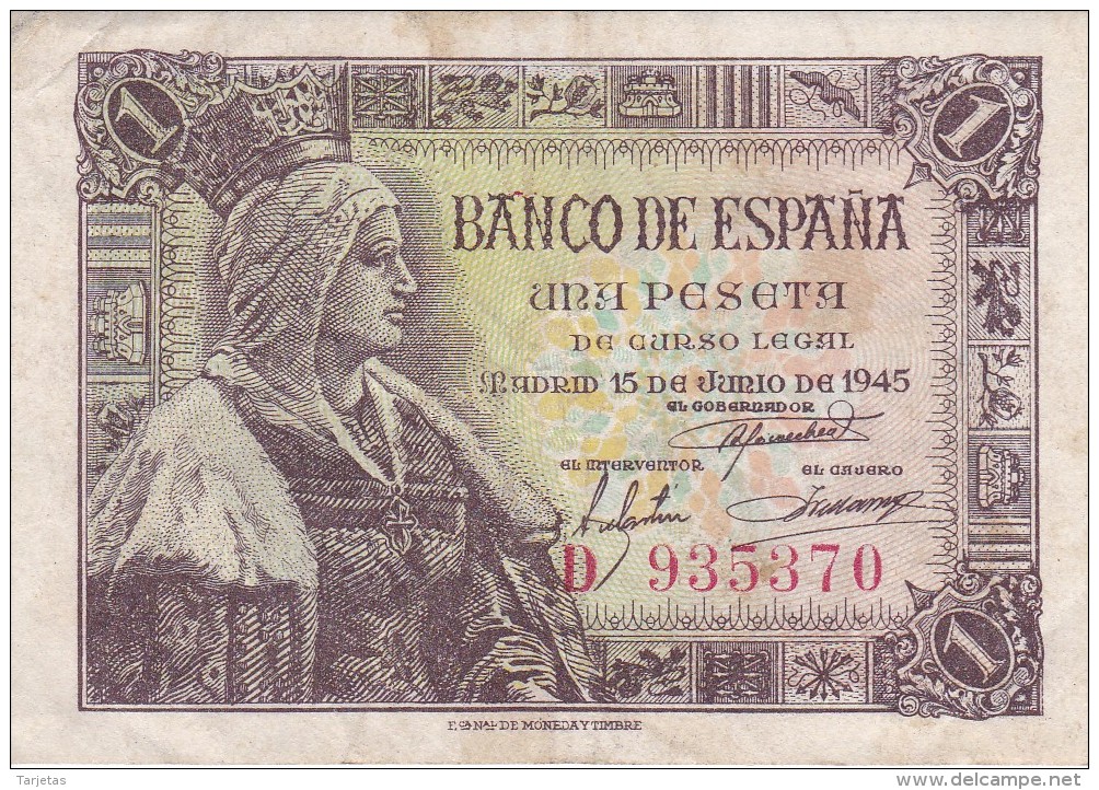 BILLETE DE ESPAÑA DE 1 PTA DEL 15/06/1945 ISABEL LA CATÓLICA SERIE D (BANK NOTE) - 1-2 Pesetas