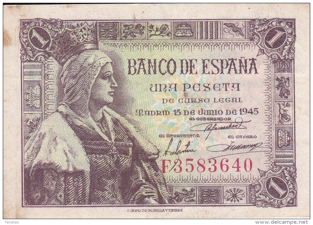 BILLETE DE ESPAÑA DE 1 PTA DEL 15/06/1945 ISABEL LA CATÓLICA SERIE F (BANK NOTE) - 1-2 Pesetas
