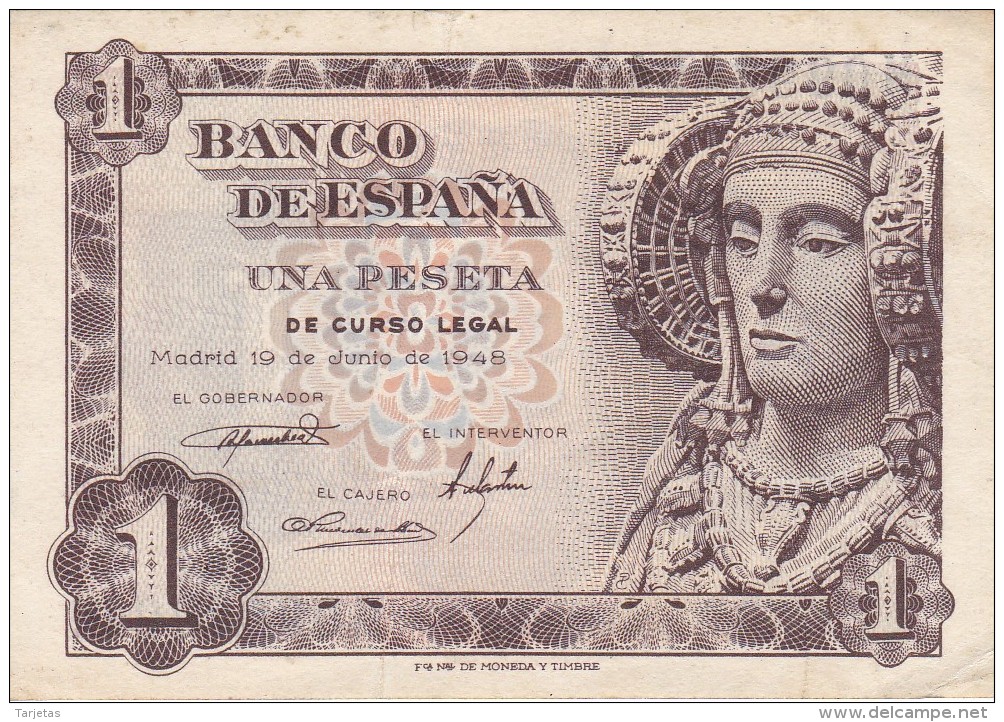 BILLETE DE 1 PTA DEL AÑO 1948 SERIE I CALIDAD MBC   DAMA DE ELCHE  (BANKNOTE) - 1-2 Pesetas