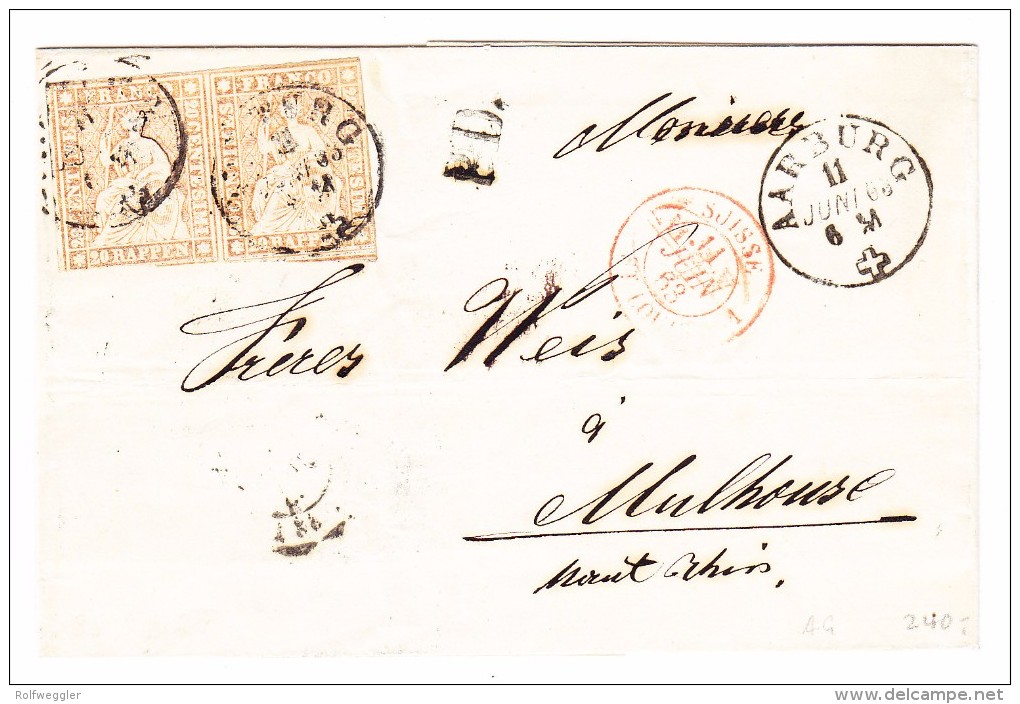 Heimat AG Aarburg 11.6.1863 Einkreisst. Mit Waagr. Paar 20Rp. Strubel Brief (ohnen Inhalt) Nach Mulhouse - Cartas & Documentos