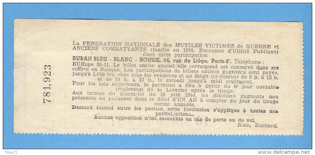 Billet De Loterie De La Fédération Nationale Des Mutilés - Fédération André Maginot - 16ème Tranche 1952 - Billets De Loterie