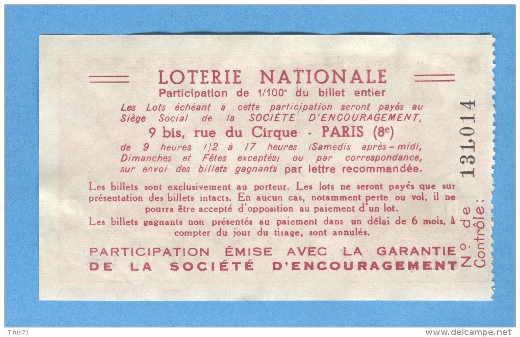 Billet  Loterie Nationale - Société D'encouragement - 12ème Tranche 1939 - 1/40 ème - Lottery Tickets