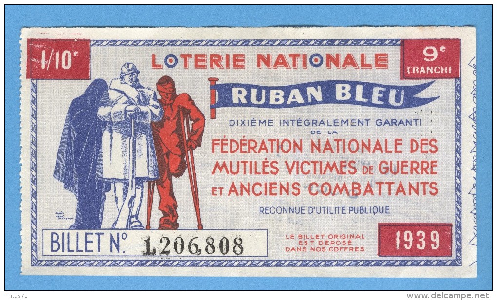 Billet  Loterie Nationale - Ruban Bleu - 9ème Tranche 1939 - Billets De Loterie