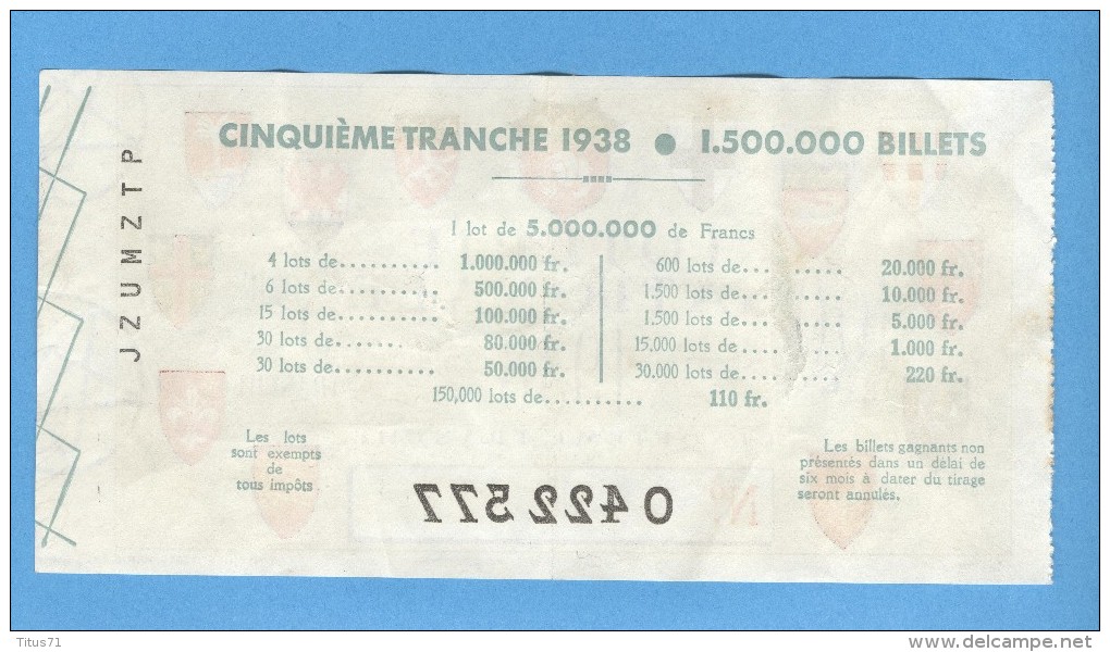 Billet  Loterie Nationale - 100 Francs - 5ème Tranche 1938 - Lotterielose