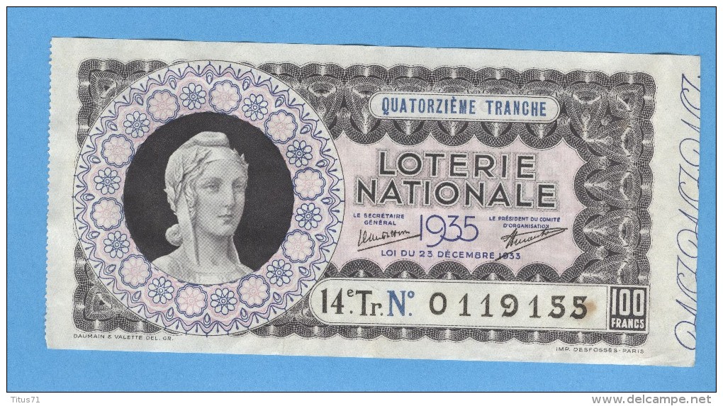 Billet  Loterie Nationale - 100 Francs - 14ème Tranche 1935 - Billets De Loterie