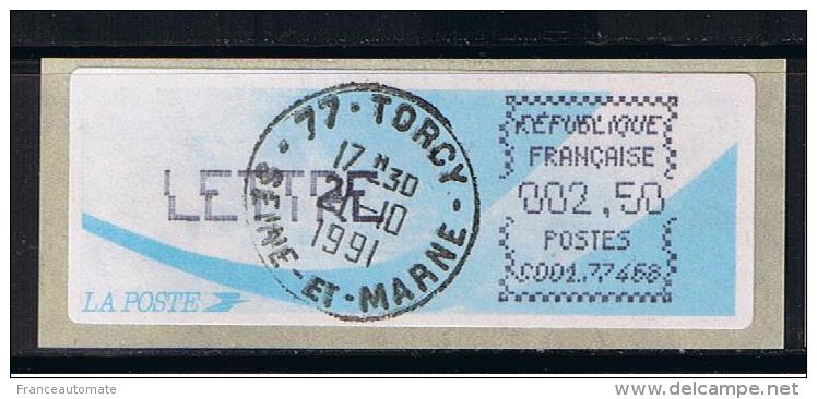 ATM, LETTRE 2.50, OBLITETEE, ENCRE NOIRE, LSA, CROUZET , AIGUILLES DECALEES, PAPIER COMETE, BUREAU DE TORCY, C001 77468. - 1981-84 Types « LS » & « LSA » (prototypes)