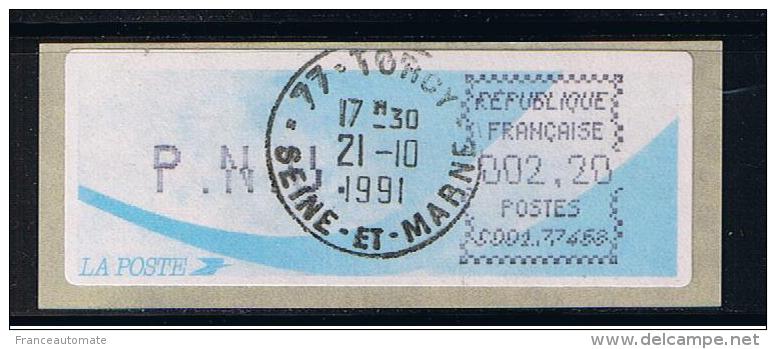 ATM, PNU 2.20, OBLITETEE, 21/10/19 ENCRE NOIRE, LSA, CROUZET , AIGUILLES DECALEES, PAPIER COMETE,  DE TORCY, C001 77468. - 1981-84 Types « LS » & « LSA » (prototypes)