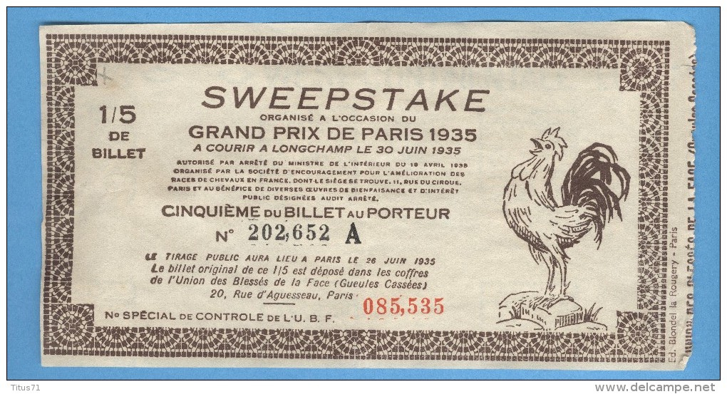 Billet Loterie - Sweepstake - Grand Prix De Paris 1935 - 1/5 - Billets De Loterie